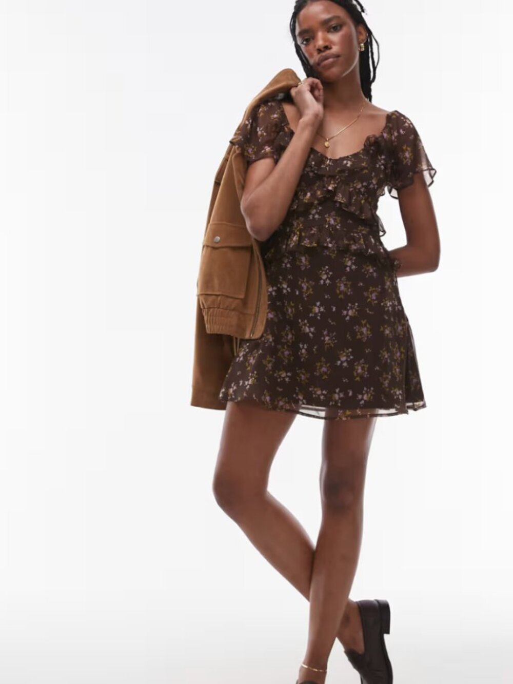 Topshop Brown Floral Ruffle Mini Dress